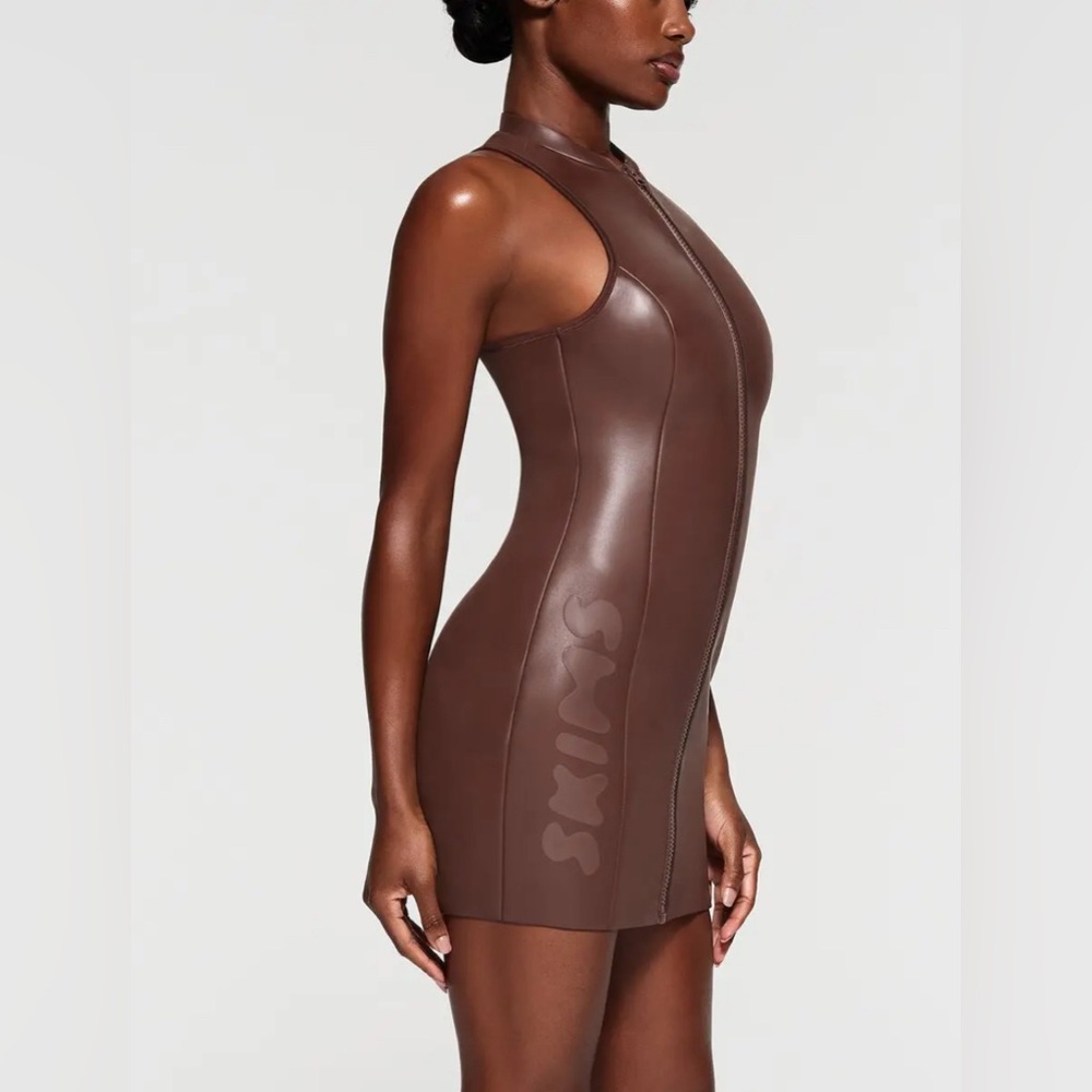SKIMS Rubberized Scuba Swim Mock Neck Dress in Cocoa